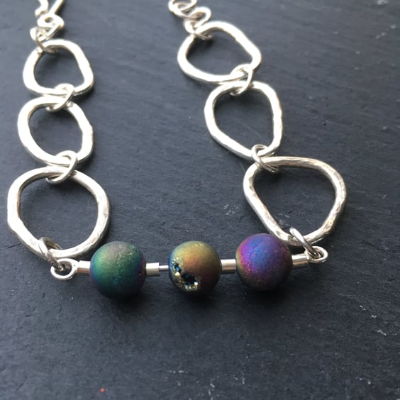 Handmade Sterling Silver and Rainbow Druzy Bead bracelet  