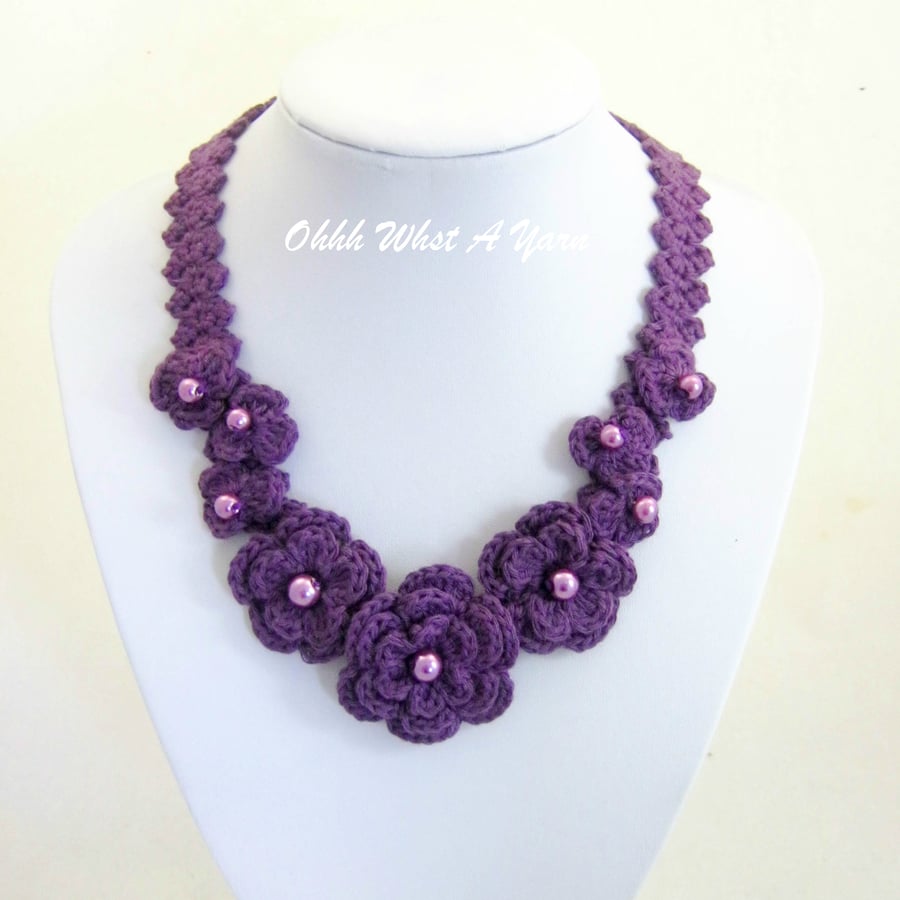 Crochet purple, aubergine flower and bead necklace, crochet choker