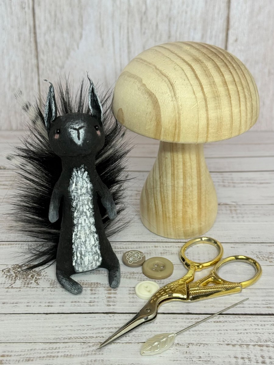 Spun Cotton Black Squirrel Miniature Art Doll