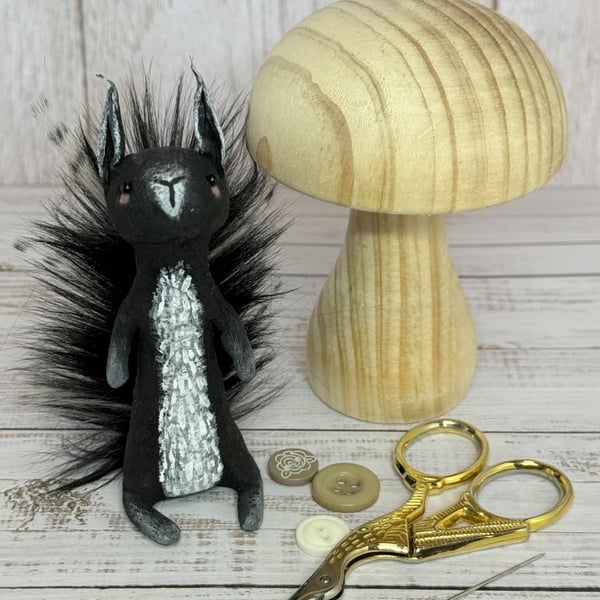 Spun Cotton Black Squirrel Miniature Art Doll