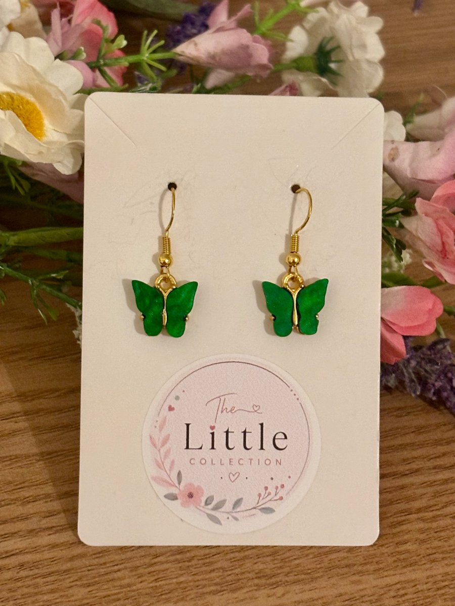 Green Butterfly Dangle Earrings, Acrylic Butterfly Charms, Handmade Jewellery 