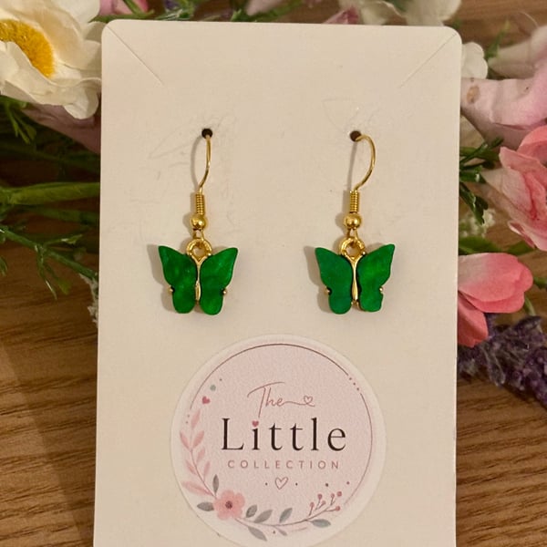 Green Butterfly Dangle Earrings, Acrylic Butterfly Charms, Handmade Jewellery 