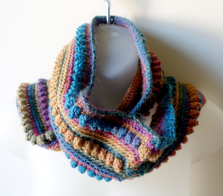 Infinity scarf muted earth blue, green and gold.  Super soft Acrylic winter warm