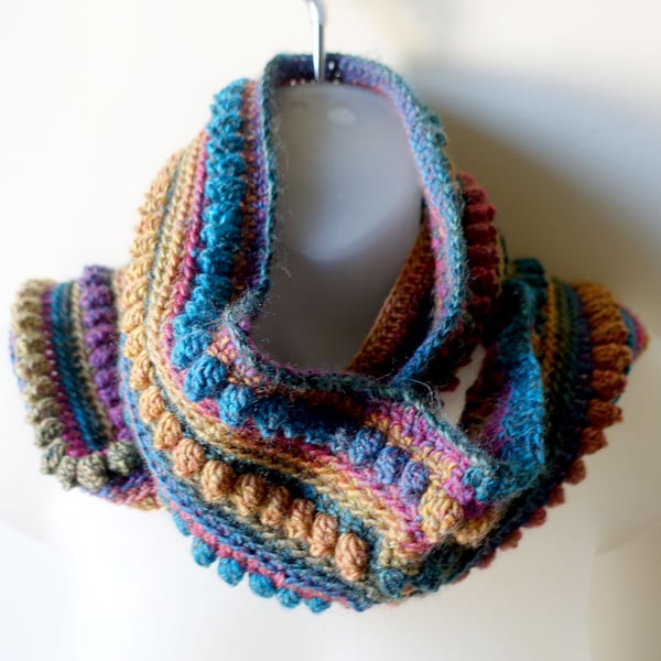 Infinity scarf muted earth blue, green and gold.  Super soft Acrylic winter warm