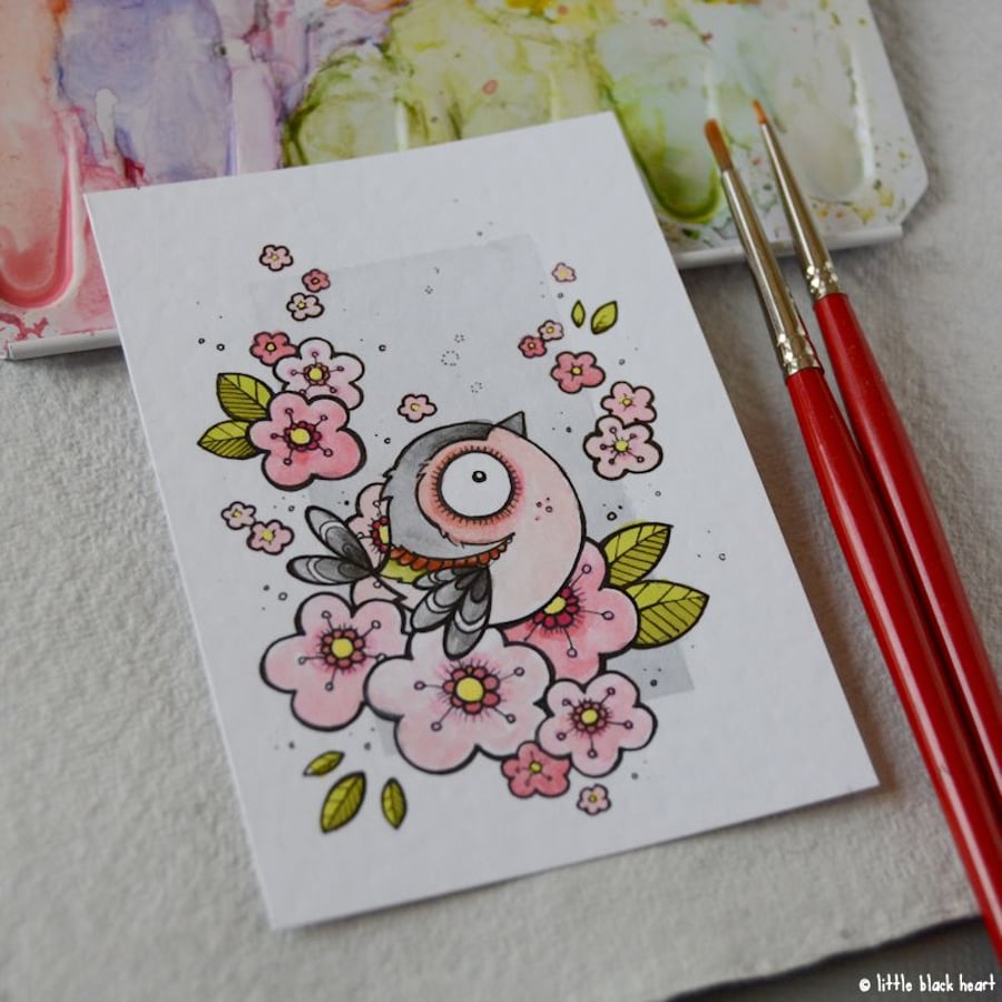 cherry blossom chaffinch - original aceo