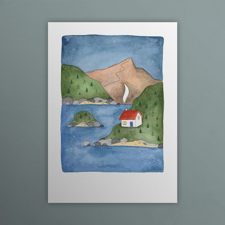 Lake Cabin, A6 giclée greetings card with recycled brown envelope
