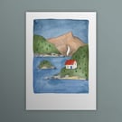 Lake Cabin, A6 giclée greetings card with recycled brown envelope