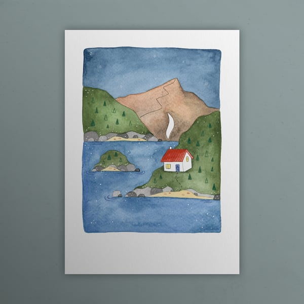 Lake Cabin, A6 giclée greetings card with recycled brown envelope