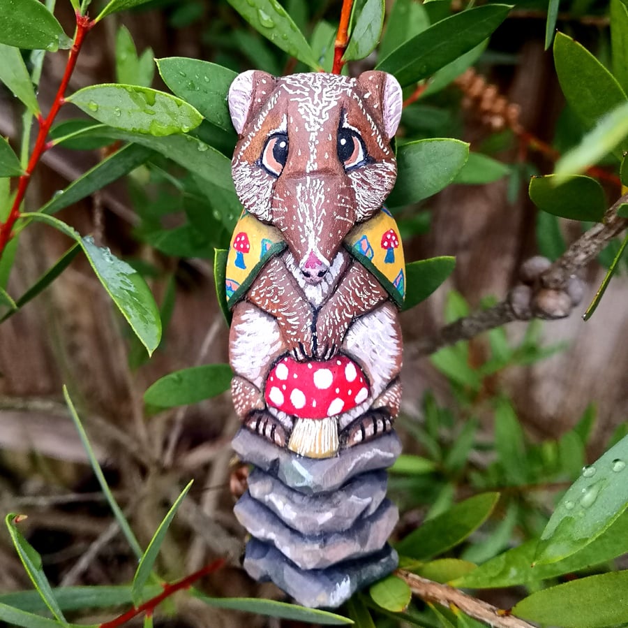 Portabello the Potaroo - painted wood carving