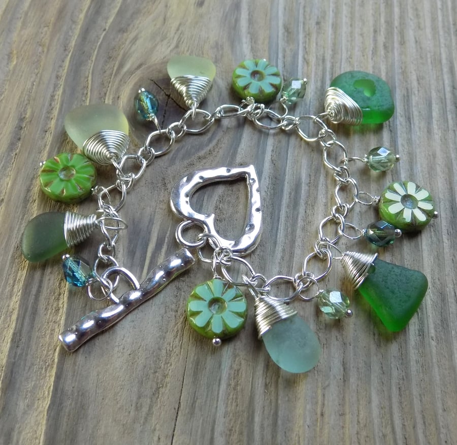 Sea glass and czech bead charm bracelet 