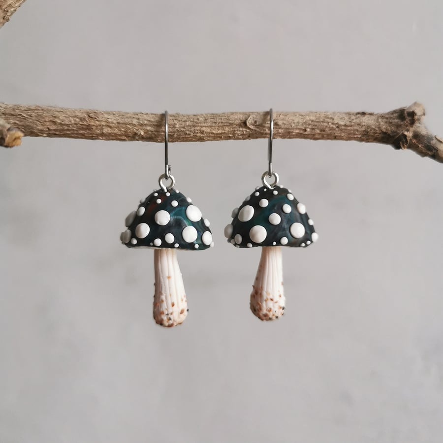 Half-Round Dark Turquoise Spotty Mushroom Earrings
