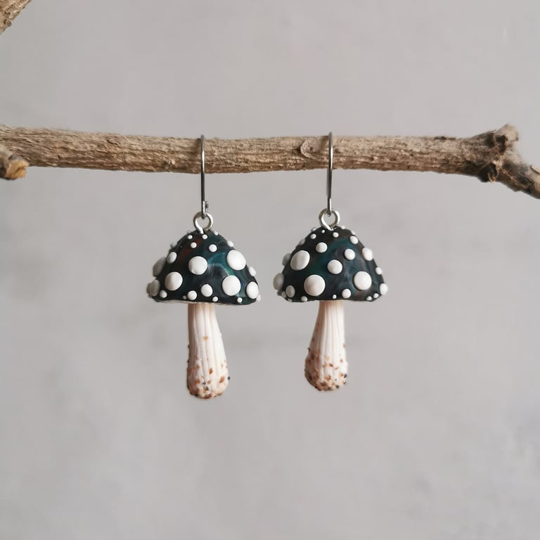 Half-Round Dark Turquoise Spotty Mushroom Earrings