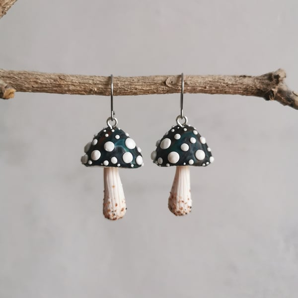 Half-Round Dark Turquoise Spotty Mushroom Earrings