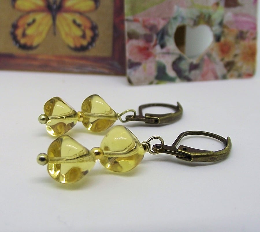 Earrings pale yellow glass nugget beads bronze leverback vintage