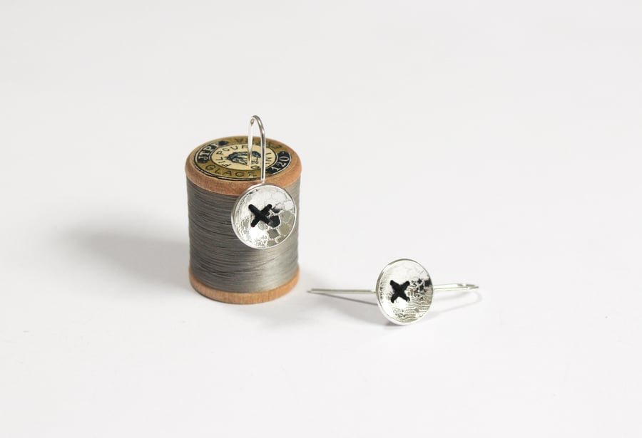 Silver button earrings, vintage lace, stitched earrings