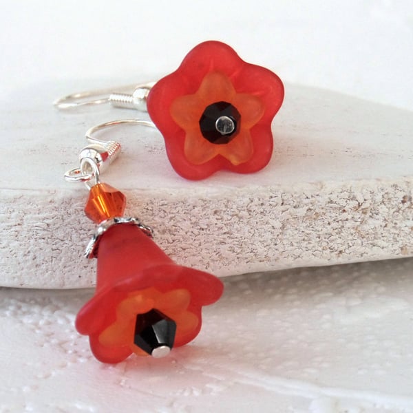 Red, orange & black flower earrings