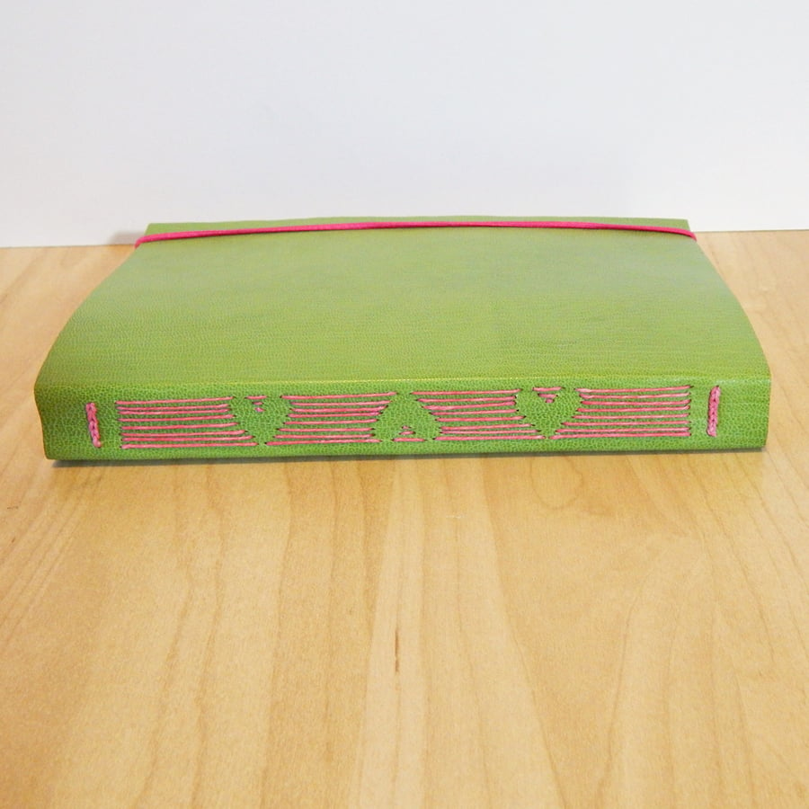 Green leather Journal with heart design stitching. Leather Wedding Guest Book. 