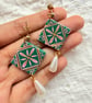 Emerald Green Ornate Pink Floral Tile Statement Earrings - Image 4