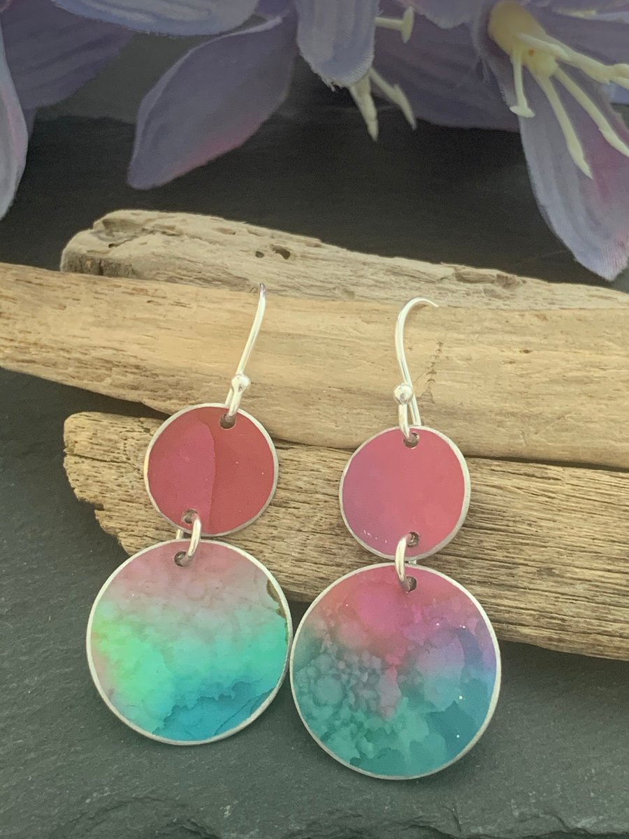 Printed Aluminium and sterling silver earrings -Red and green