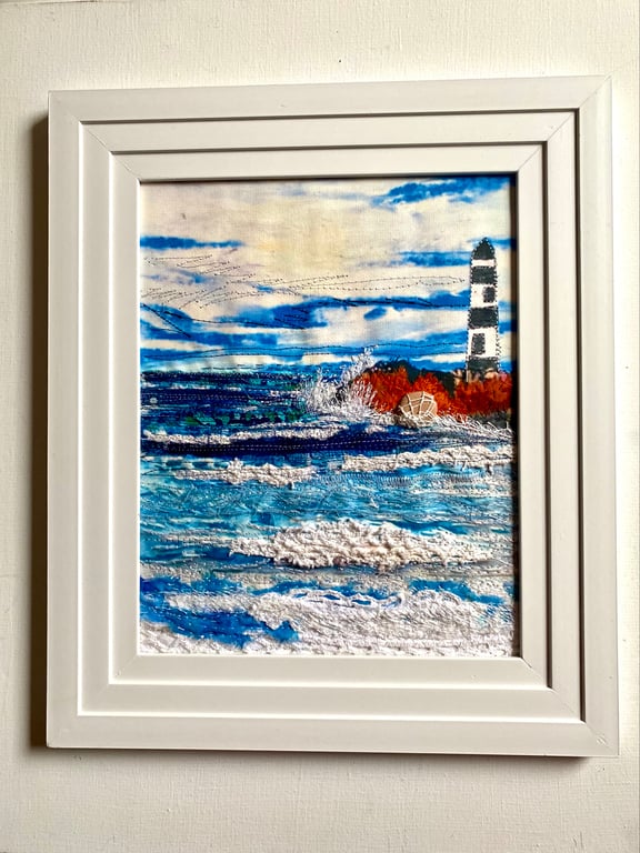 Lighthouse at Penmon Point, an embroidered seascape 