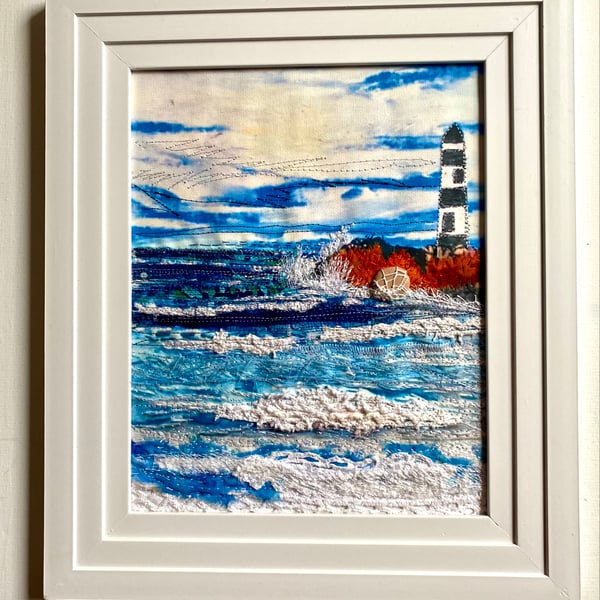 Lighthouse at Penmon Point, an embroidered seascape 