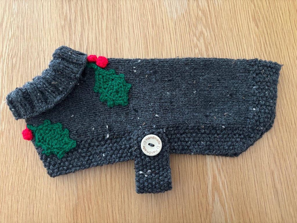Xmas Ready Dog Coats Knitted In Grey Aran With Holly Leaves And Berries