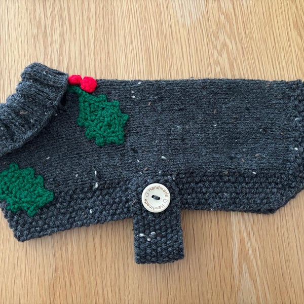 Xmas Ready Dog Coats Knitted In Grey Aran With Holly Leaves And Berries