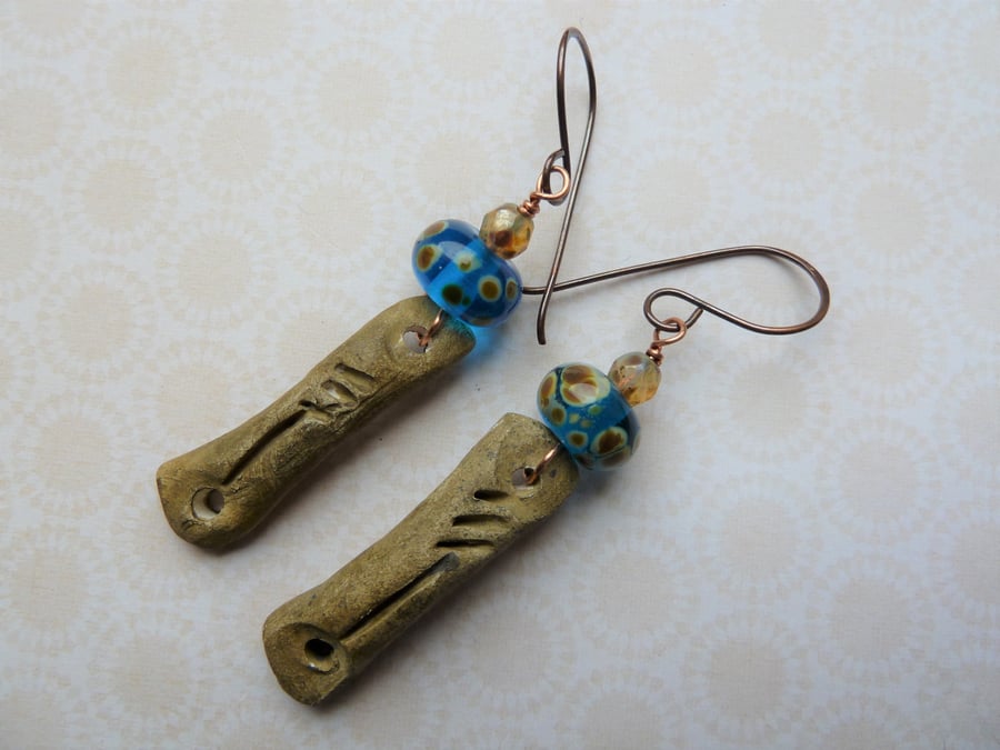 blue lampwork, copper and ceramic earrings