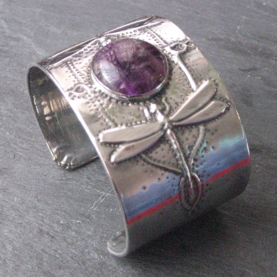 Silver Pewter Cuff Bracelet,Dragonfly Design