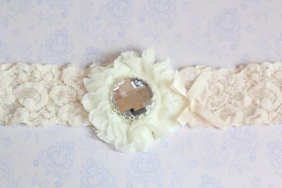 FIFI: Ivory Wedding Garter. White Lace. Shabby Chic Flower. Crystal Button.  