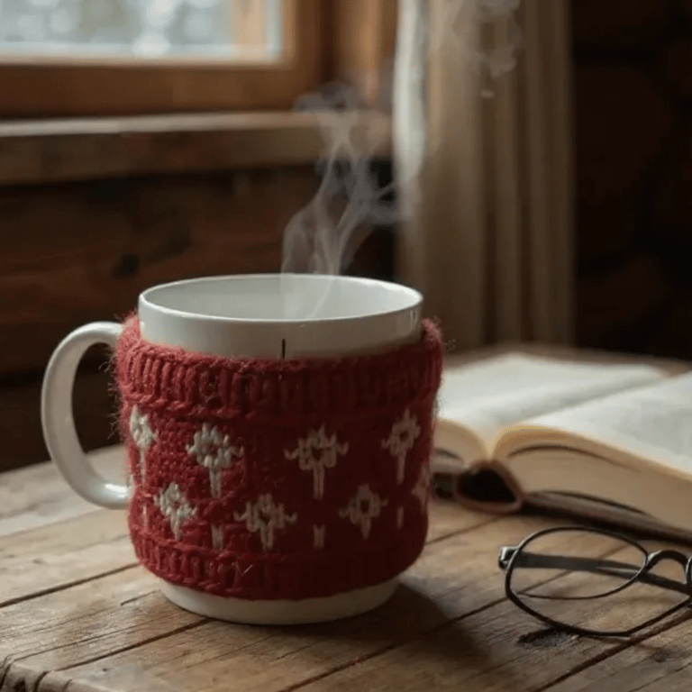 Red patterned hand knit mug cosy