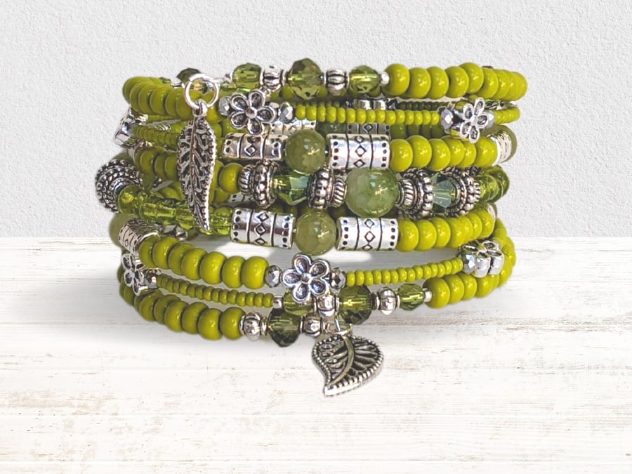 Memory Wire Bracelet in Lime Green and Silver,  Stacked Coil Bangle