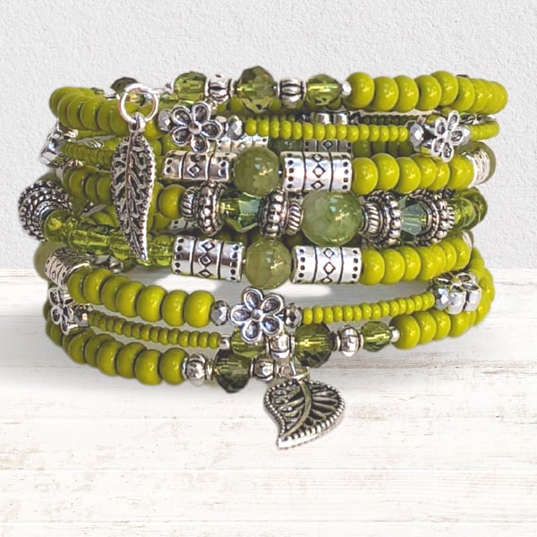 Memory Wire Bracelet in Lime Green and Silver,  Stacked Coil Bangle