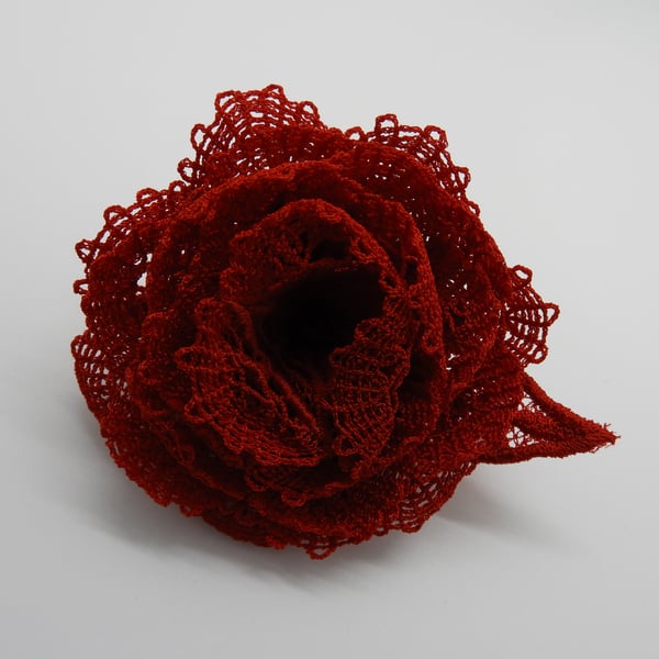 Deep Red Rose Brooch, Boxed Lace Rose Brooch, FSL Red Rose, Rose Corsage