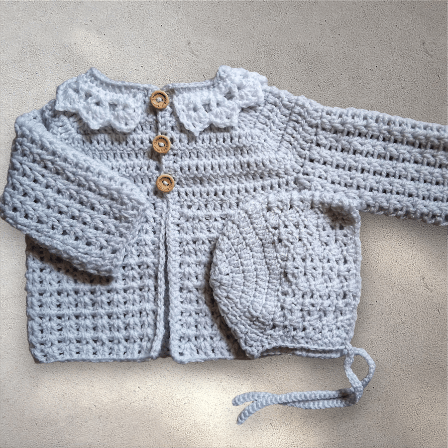 pale grey, silver crochet baby cardigan, optional bonnet, 0-3 months
