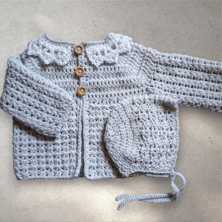 pale grey, silver crochet baby cardigan, optional bonnet, 0-3 months