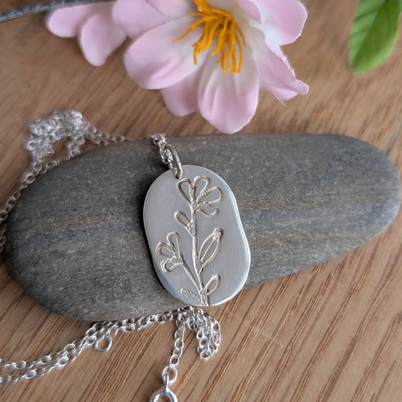 Handmade Fine Silver Tag Pendant Necklace Delicate Flower Design