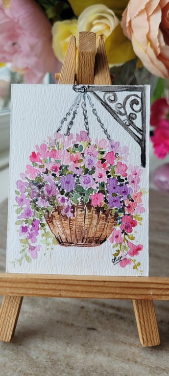 original watercolour ACEO, mini artwork, summer flowers in basket, Unique