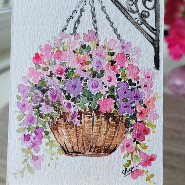 original watercolour ACEO, mini artwork, summer flowers in basket, Unique