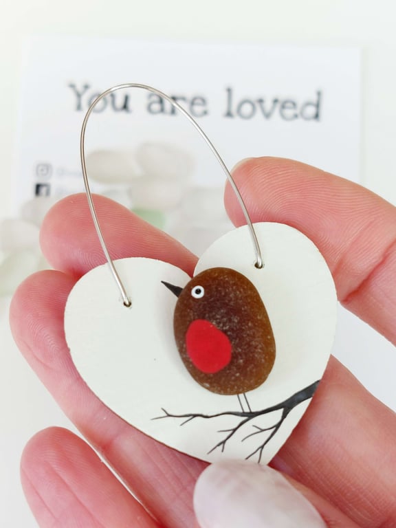 Sea Glass Robin Hanging Heart - Handmade Keepsake - Meaningful Coastal Gift