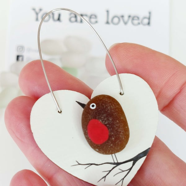 Sea Glass Robin Hanging Heart - Handmade Keepsake - Meaningful Coastal Gift