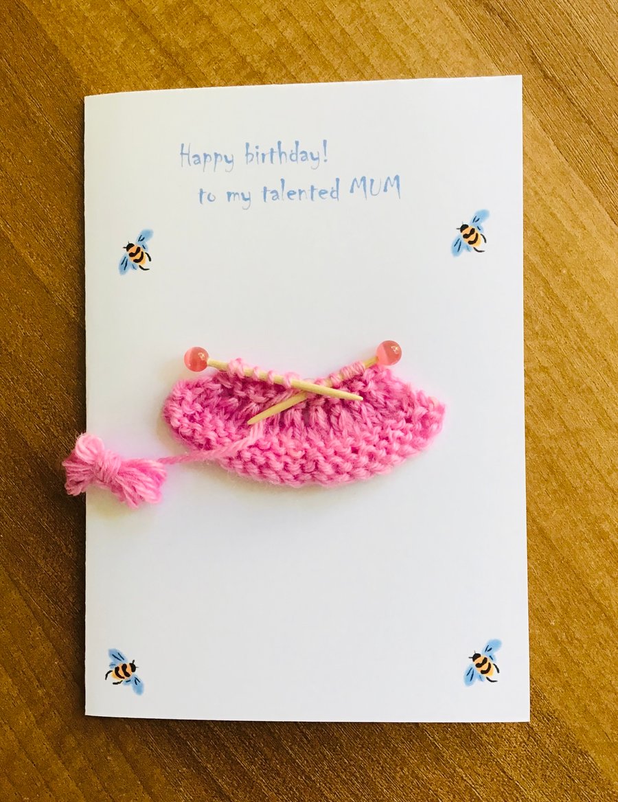 Embellished card,Miniature knitting,Blank card,Card for Mum,Bees