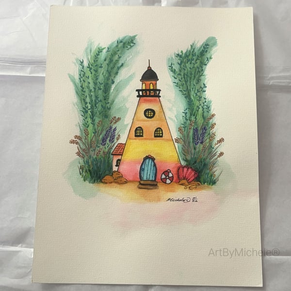 Whimsical Lighthouse Original Artwork, 9x12, Mixed Media