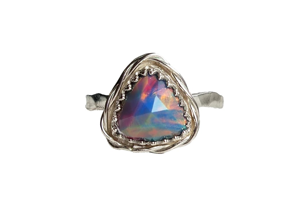 Aurora Opal Adjustable Ring Sterling Silver Sustainable Jewellery Gift Rose Cut