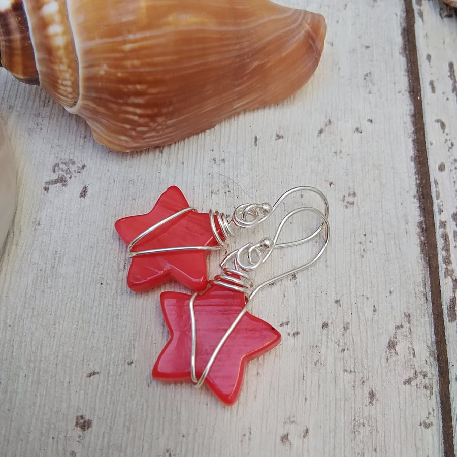 Red Star Earrings with Wire Wrapped design