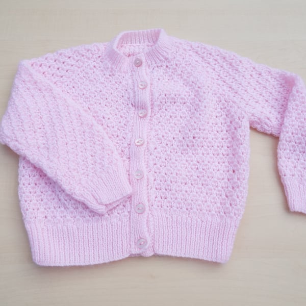 Baby cardigan hand knitted in pink 18 months