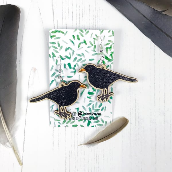 Blackbird Wooden Illustrated Drop Earrings