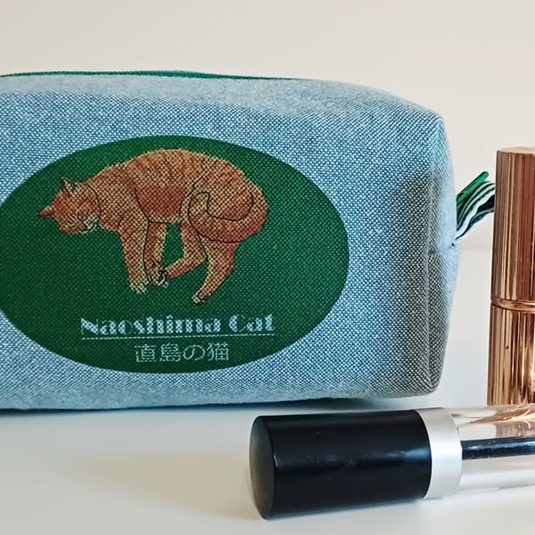 Cute Japanese Cat Printed Make-up Bag, Pencil Case - Blue