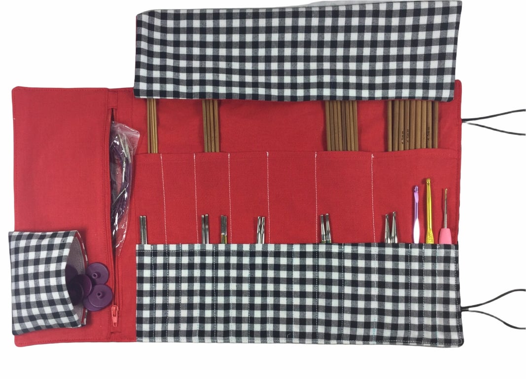 Black and white gingham interchangeable and double pointed needle case, checked 