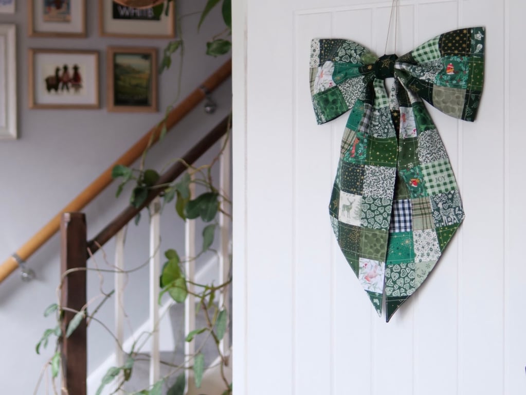 Oversized Green Christmas Bow - Handmade Patchwork Decoration